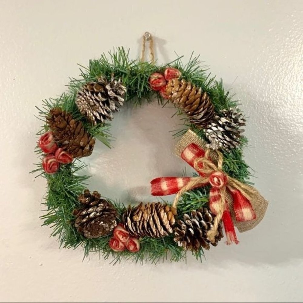 Small Handmade Christmas Pinecone Wreath Ribbon Holiday Decor Gift Idea